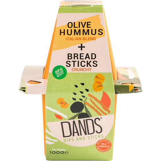 [15124] [PRODUCTION ISSUE] Dands Dip and Stick Snack Pots - Olive Houmous and Breadsticks 110g