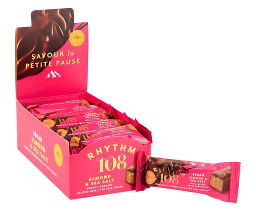 [15312] Rhythm 108 Vegan and GF Chocolate - SMALL Almond and Sea Salt Bars X 15 X 33g