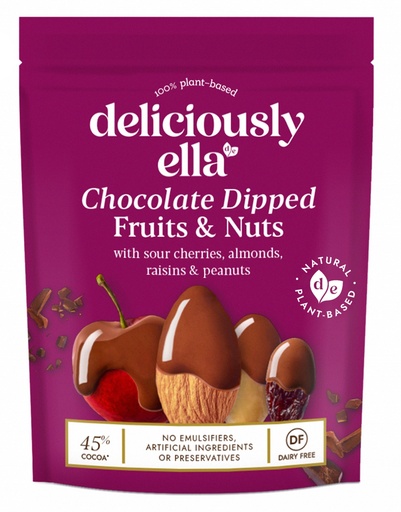 [15672] Deliciously Ella Coated Fruit and Nuts - Chocolate Cherries Almonds Raisins and Peanuts X 8 X 90g