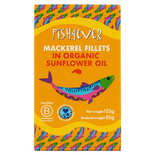 [15976] Fish 4 Ever Organic Mackerel - Fillets in Sunflower Oil X 10 X 125g