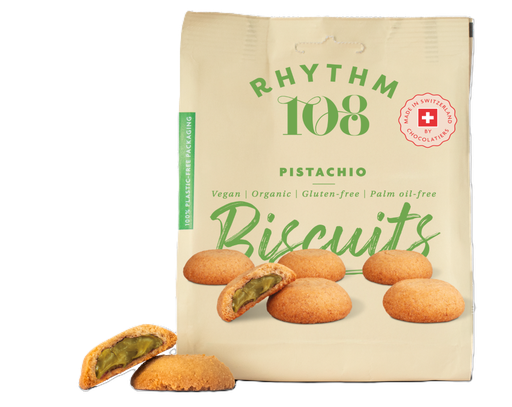 [16067] Rhythm 108 Vegan and GF Biscuits - Pistachio Praline Filled Share Bag X 8 X 135g