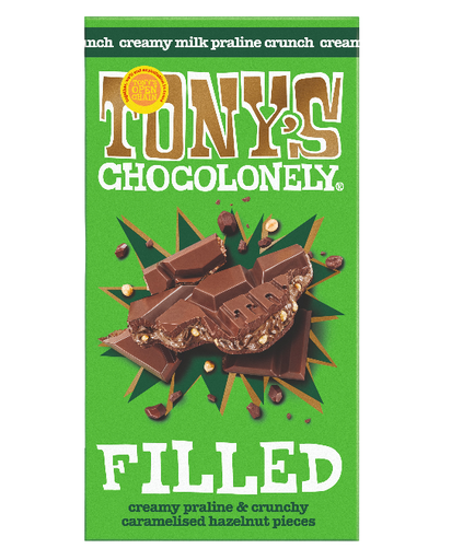 [16183] [15% OFF] Tonys Chocolonely Filled Chocolate - MEDIUM Milk Creamy Praline and Crunchy Caramelised Hazelnut Pieces X 15 X 127g