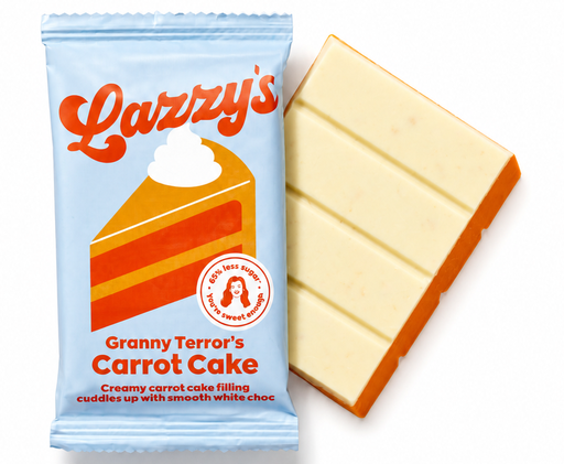 [16966] Lazzys Low Sugar Chocolate Bars - WHITE Granny Terrors Carrot Cake X 28 X 45g
