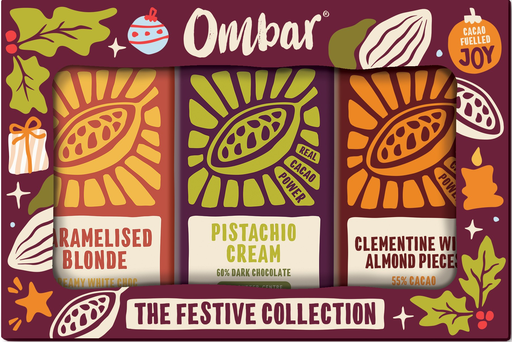 [17842] Ombar Organic Vegan XMAS Chocolate MPK - SMALL Caramelised Blonde Pistachio Cream and Clementine and Almond (3x35G)